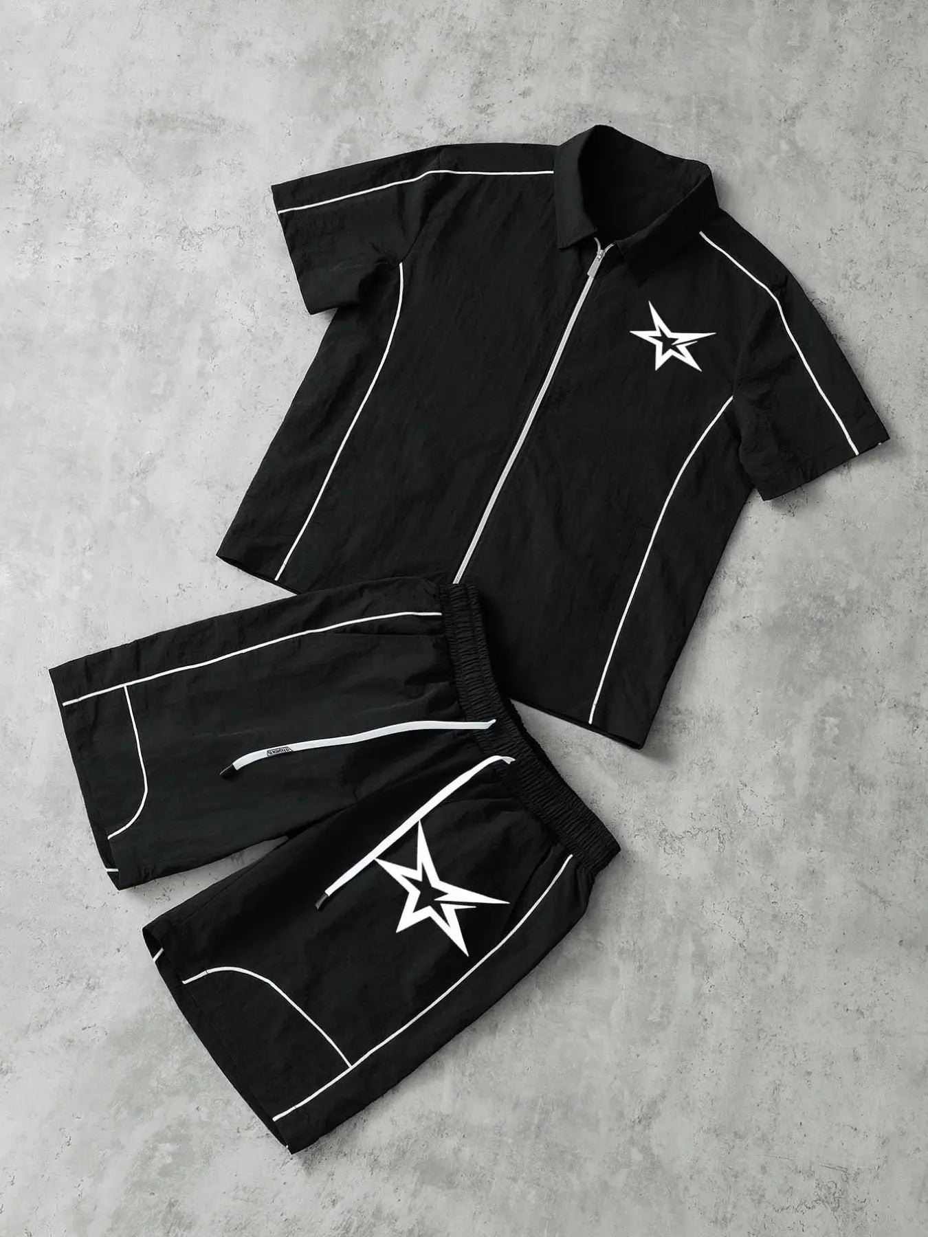 Stars Pattern Casual Set Short Sleeve Zipper Shirt + Gym Shorts Two-Piece Set, Breathable Comfort Spring Summer Daily Wear Activewear Set