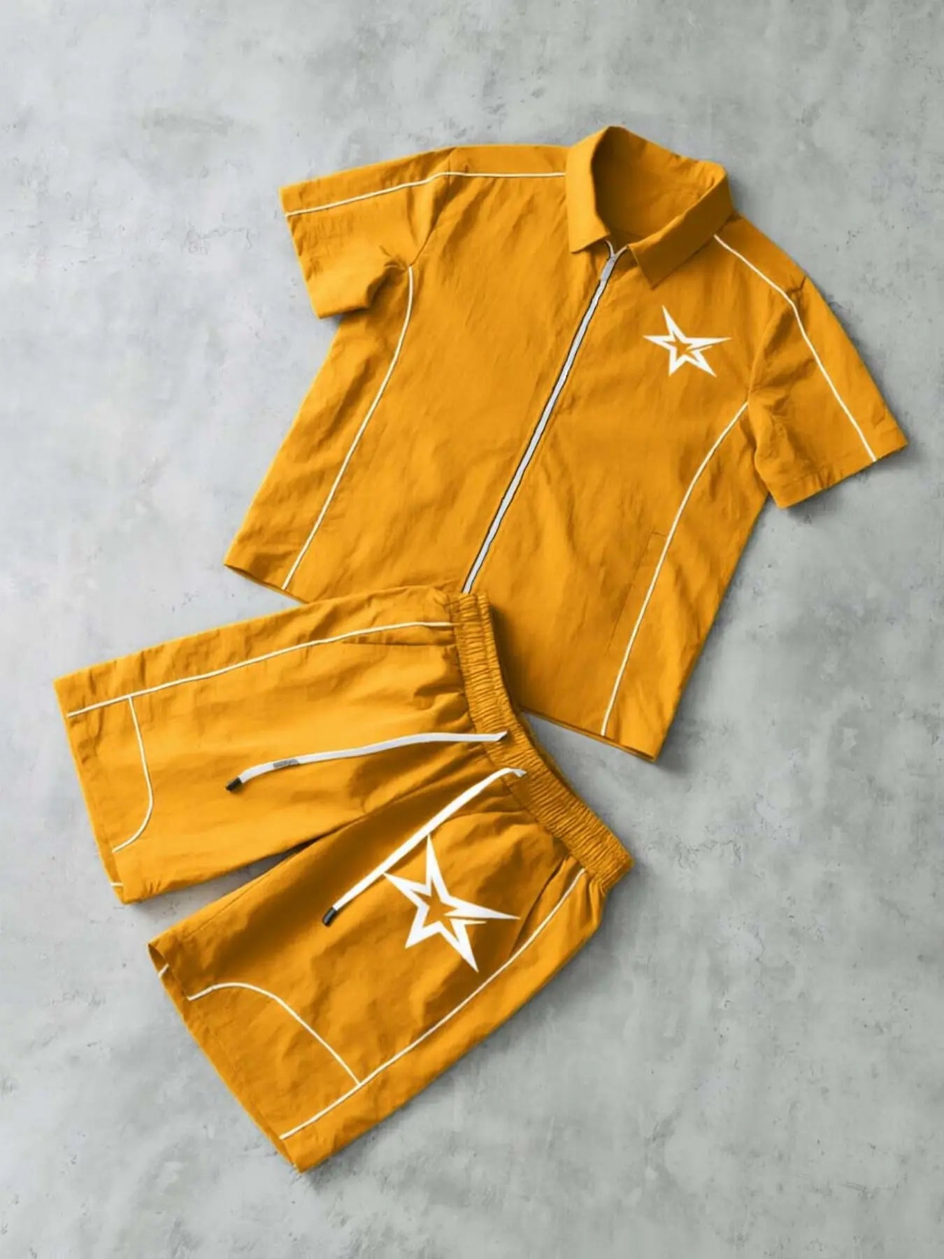 Stars Pattern Casual Set Short Sleeve Zipper Shirt + Gym Shorts Two-Piece Set, Breathable Comfort Spring Summer Daily Wear Activewear Set