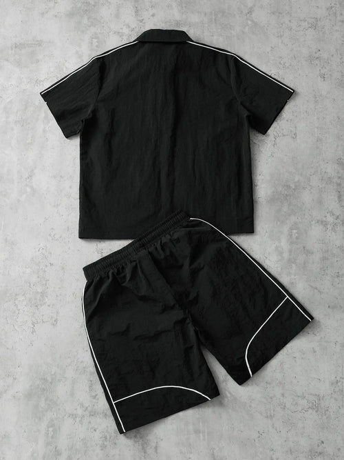 Stars Pattern Casual Set Short Sleeve Zipper Shirt + Gym Shorts Two-Piece Set, Breathable Comfort Spring Summer Daily Wear Activewear Set
