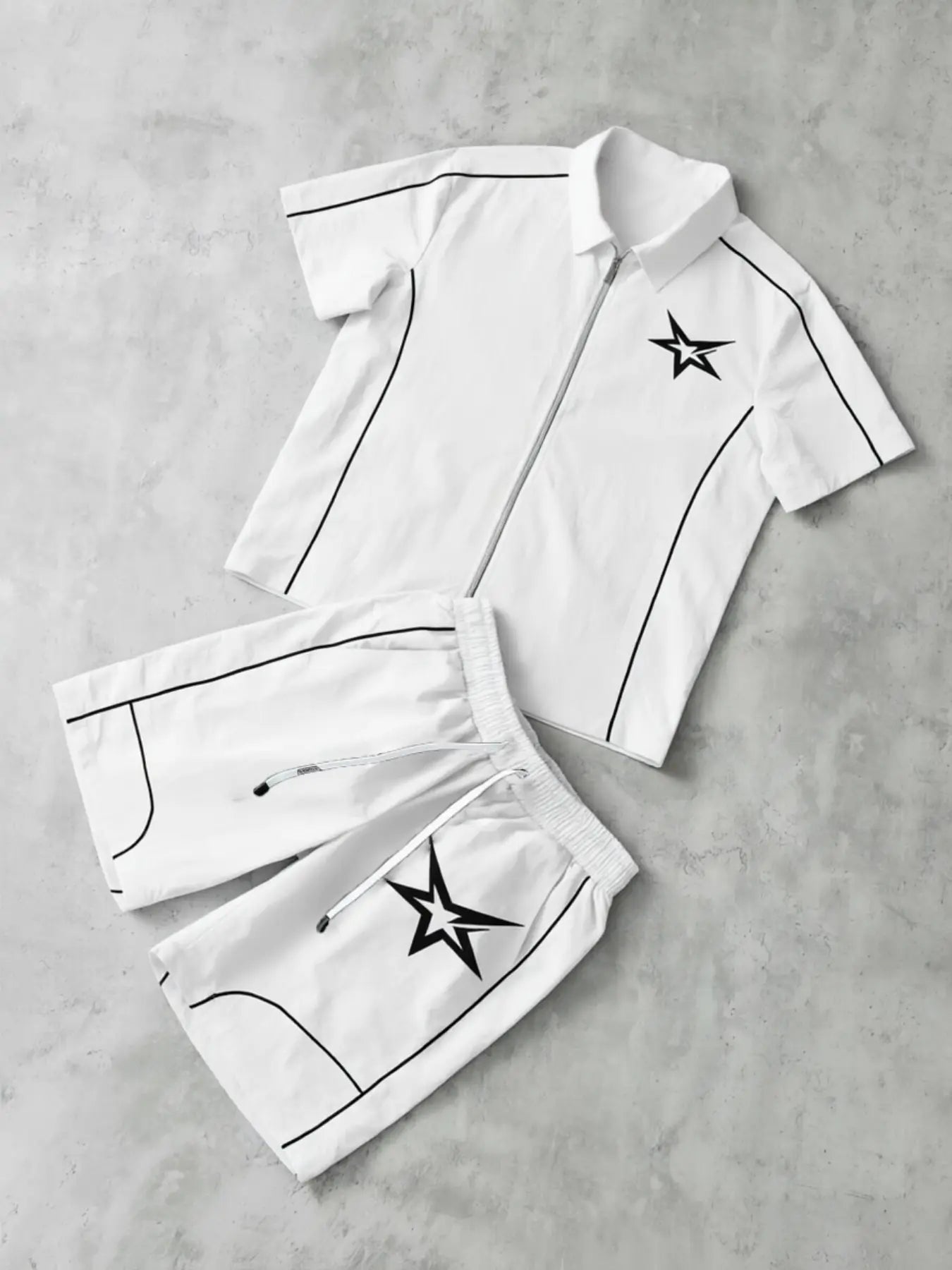 Stars Pattern Casual Set Short Sleeve Zipper Shirt + Gym Shorts Two-Piece Set, Breathable Comfort Spring Summer Daily Wear Activewear Set