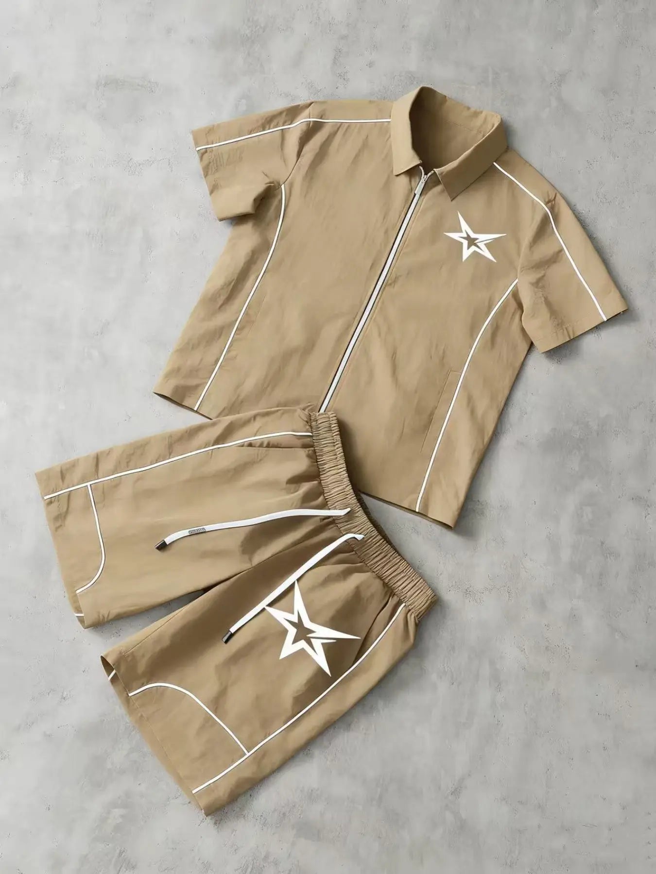 Stars Pattern Casual Set Short Sleeve Zipper Shirt + Gym Shorts Two-Piece Set, Breathable Comfort Spring Summer Daily Wear Activewear Set